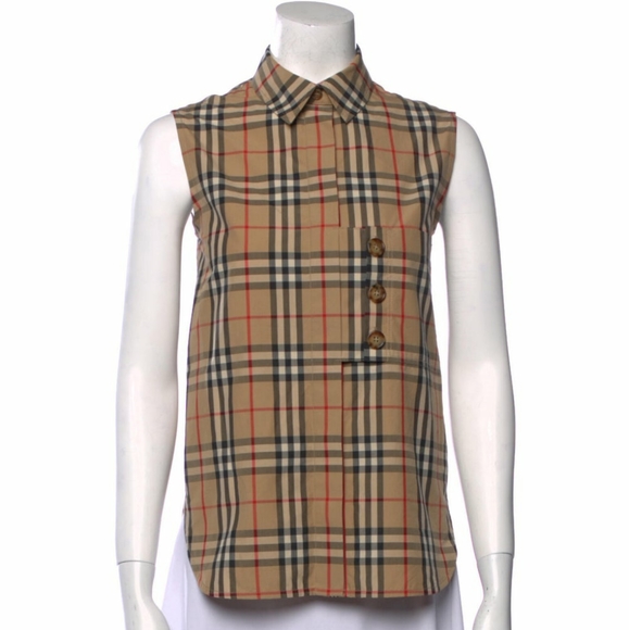 BURBERRY CHECK PLAID SLEEVELESS COTTON POPLIN SHIRT - Picture 2 of 11